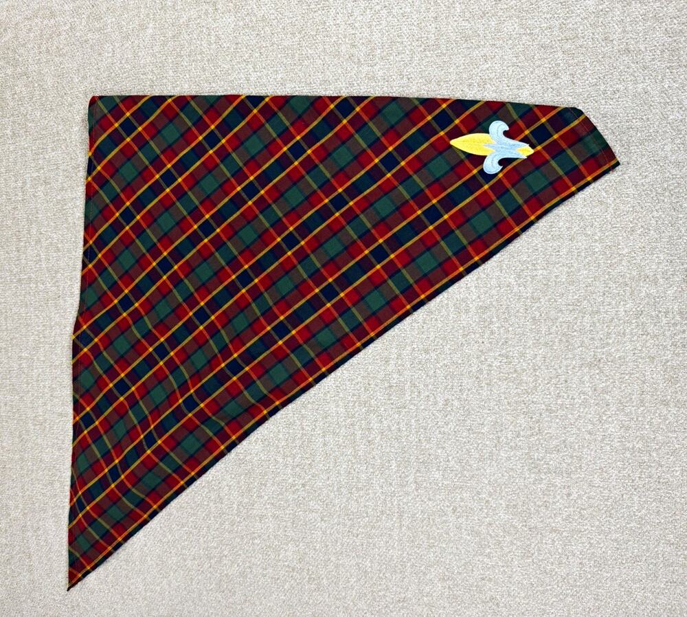Boy Scouts Webelos Plaid Neckerchief Scarf with Fleur-de-Lis Emblem